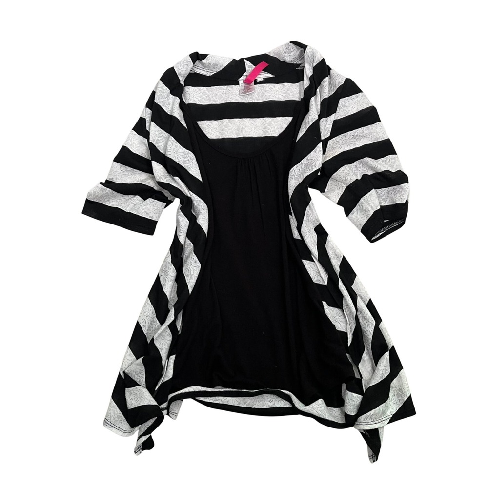 Y2K Black White Striped Open Front Cardigan Tunic Top Scene Emo Women's Size L - Picture 2 of 7